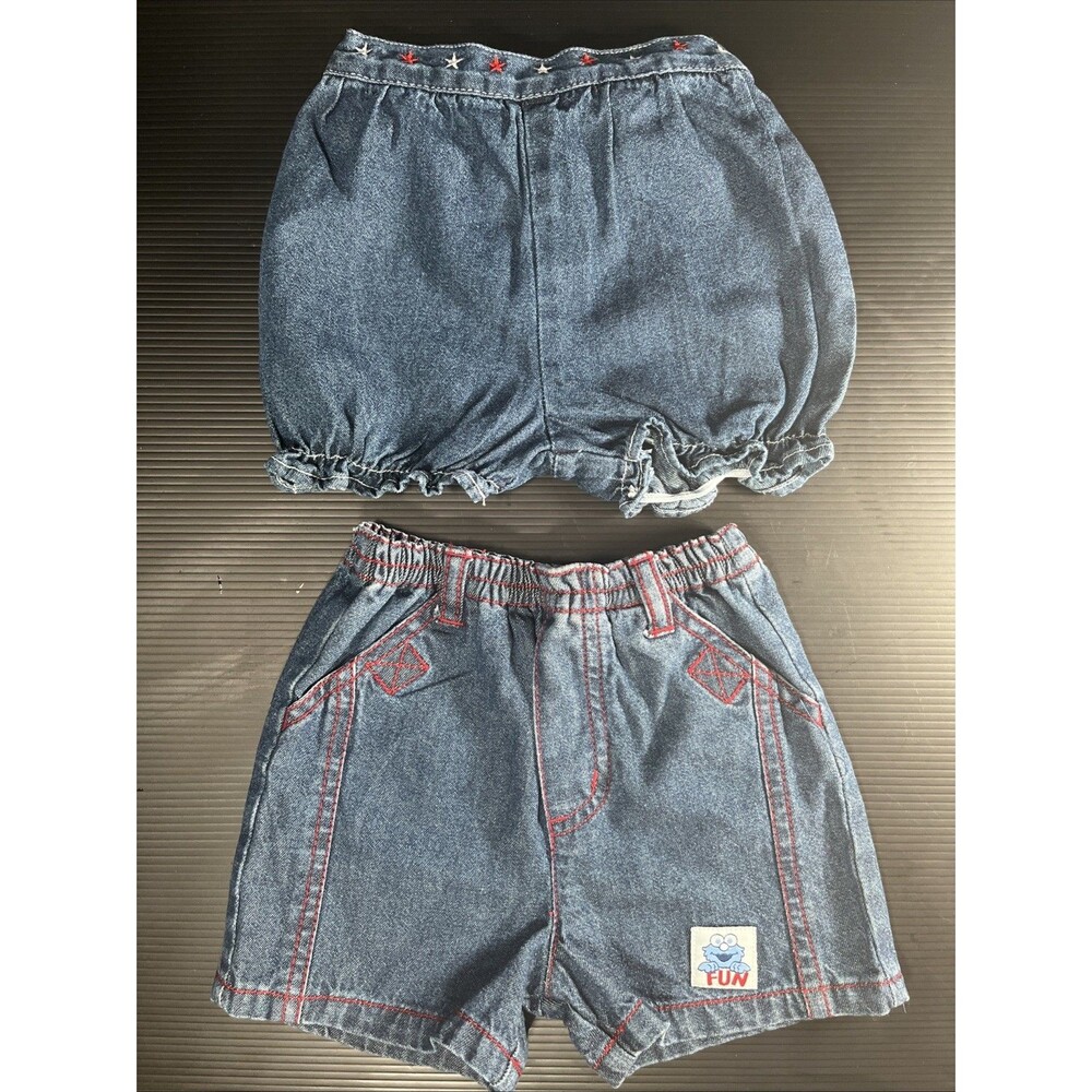 2 Pr Y2K Vtg Sesame Street Jean Shorts 3/6 Mos 1 Bubble And 1 Straight Cookie